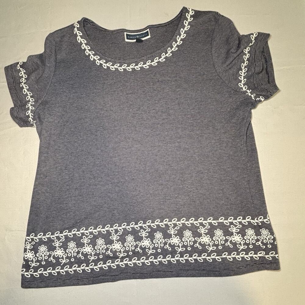 Karen Scott Women’s Plus Size 1X Top Navy Blue Embroidered
